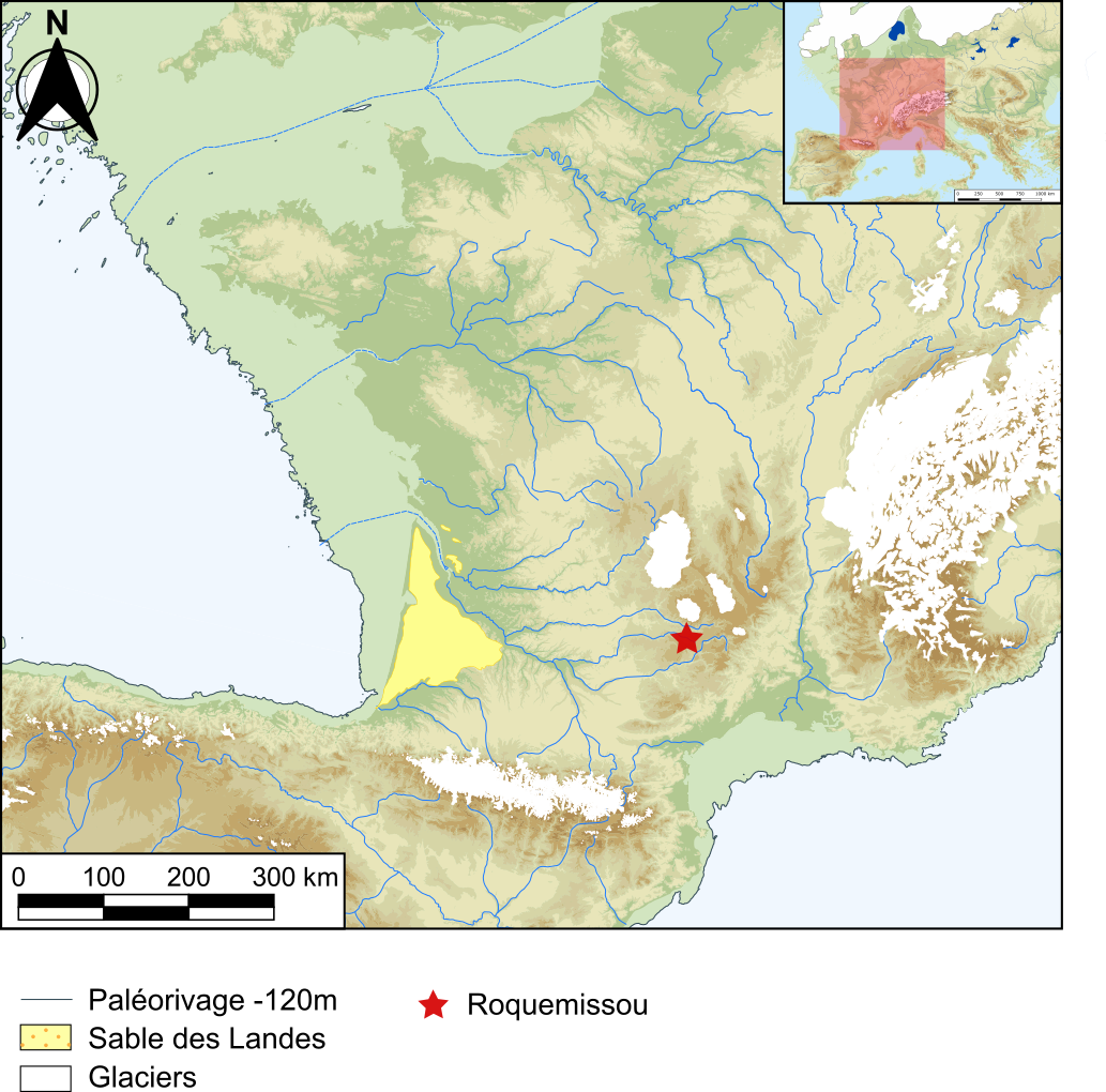 Cartographie de l'Europe occidentale au maximum de la dernière glaciation, le niveau général de la mer étant plus bas d'environ 120 mètres qu'actuellement (DAO A. Sécher)