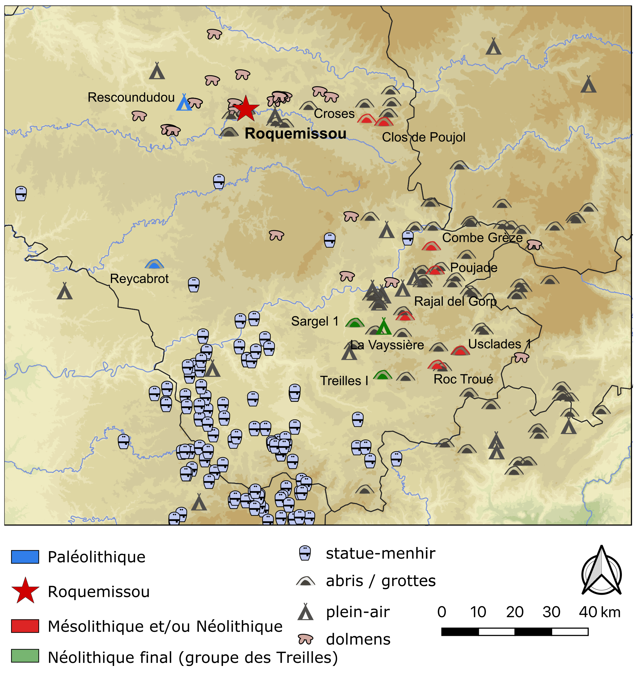 Carte des principaux sites préhistoriques de l’Aveyron