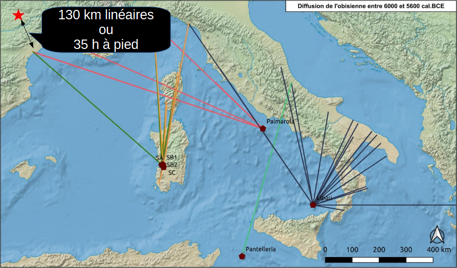 Carte de distribution des obsidiennes entre 6000 et 5600 cal.BCE en Méditerranée occidentale